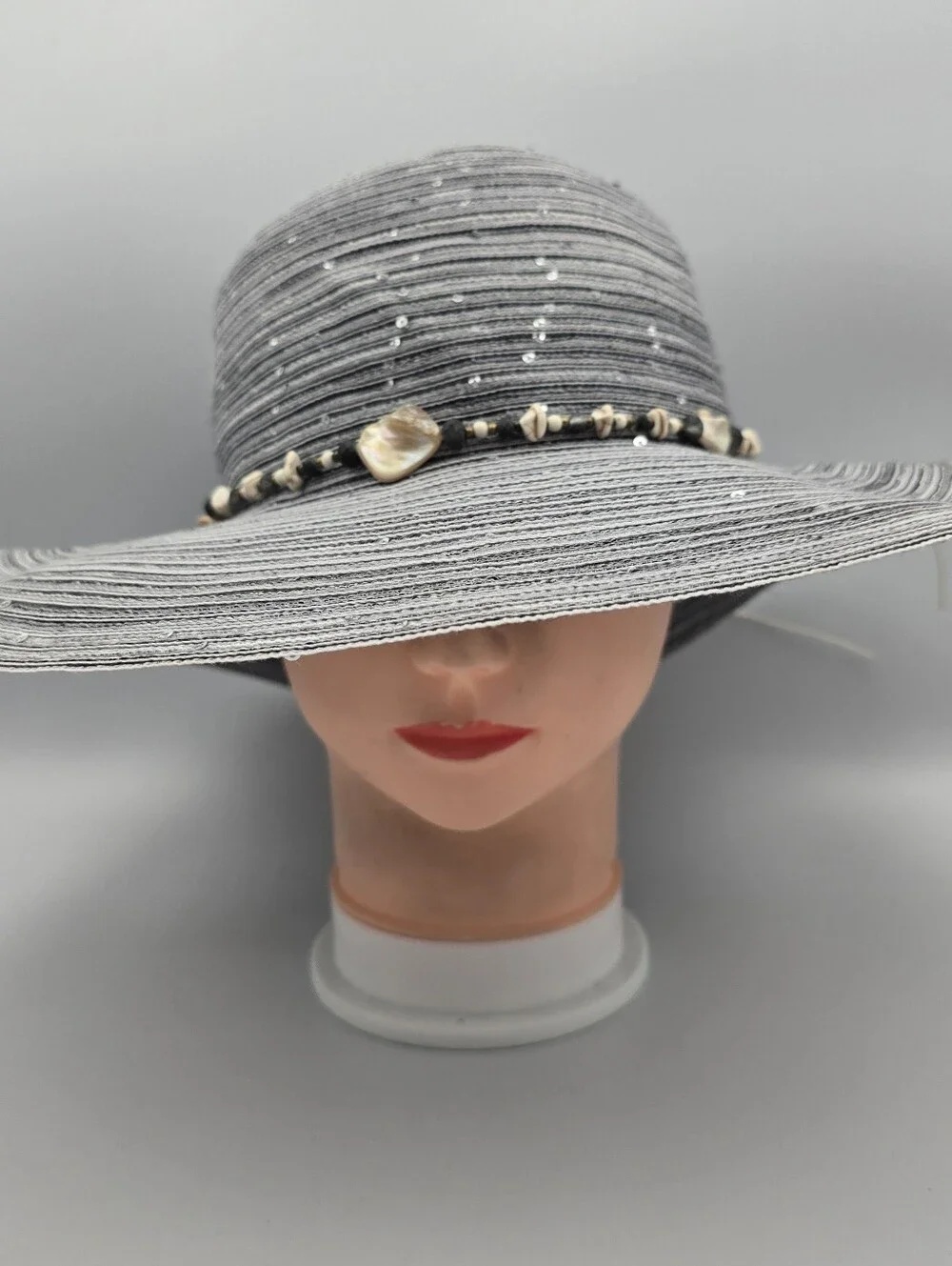 Women's Capelli Gray Polyester Wide Brim Beaded Sequin Band Sun Hat